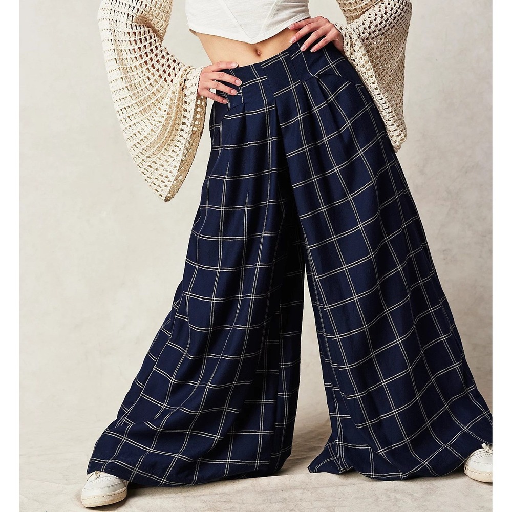 Free People Dance at Dusk Navy Plaid Wide Leg Pants Lyocell Boho Size M NWT